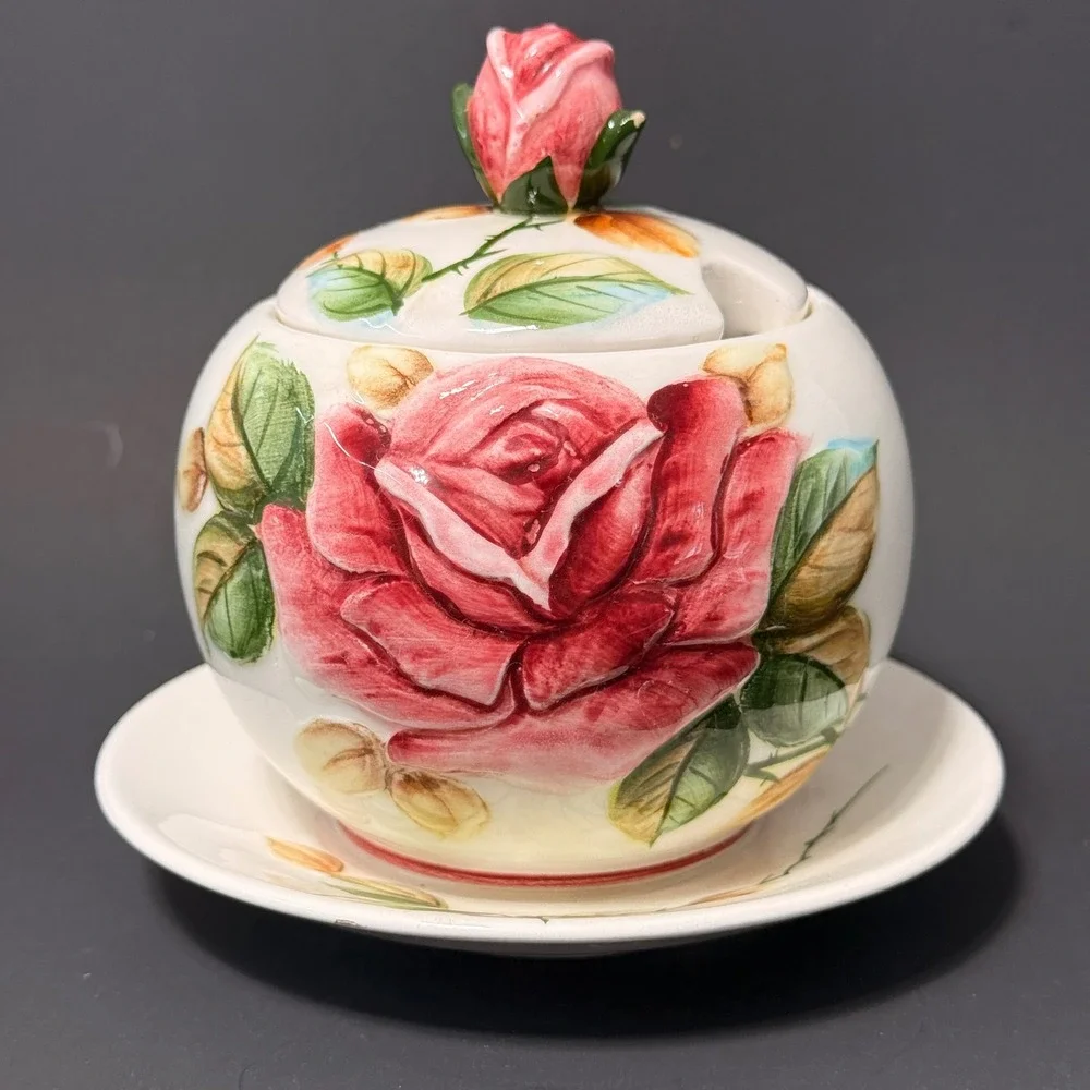 Vintage Lefton Red Rose Ceramic Jam Honey Pot with Underplate Japan Rosebud *